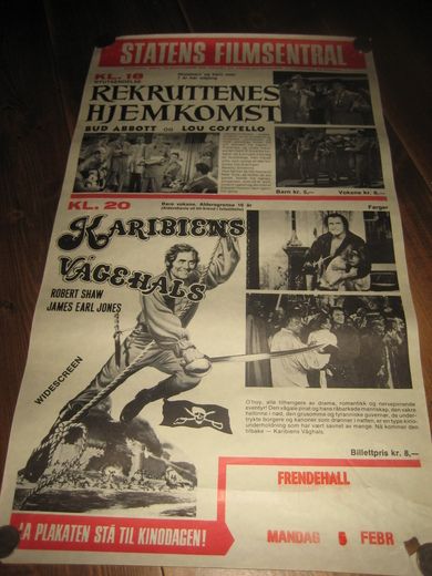 Pen filmplakat fra STATENS FILMSENTRAL, REKRUTTENES HJEMKOMST, KARIBIENS VÅGEHALS. 