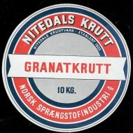 GRANATKRUTT fra Nitedals Krudtværk. Etikett i strøken stand.