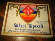 Etikett, SUKRET RIPSSAFT,  fra Stranda Saftpresseri, 60-70 tallet. Lag din egen saft, og bruk en dekorati etikett. 