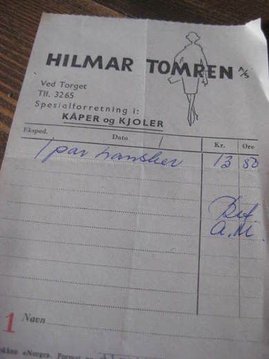 Kvitering fra HILMAR TOMREN, Ved Torget Tlf 3265. 1966. 