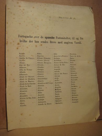 Fortegnelse over de spanske Postanstalter, til og fra hvilke der kan sendes Breve med angiven Værdi. 1885.