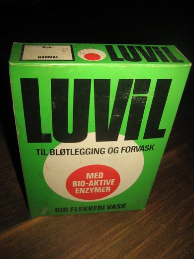 Gammel, uåpna pakke vaskepulver med innhold, LUDVIL TIL BLØTLEGGING OG FORVASK, fra Denofa og Lilleborg Fabrikker, 50 tallet