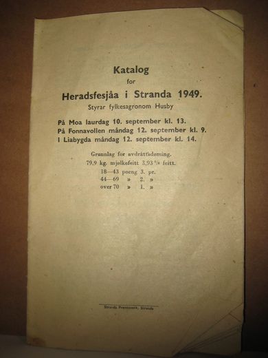 1949, KATALOG FOR HERRADSFESJÅ I STRANDA.