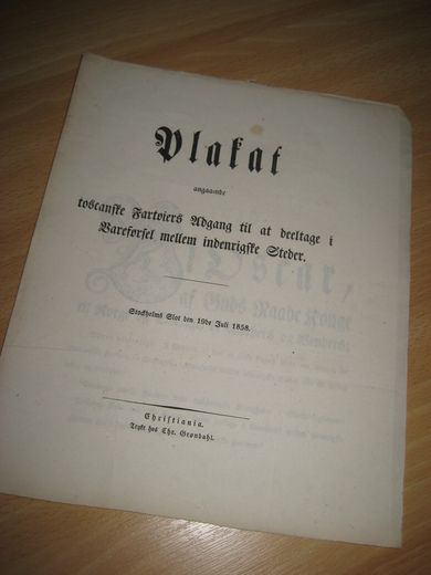 Placat angaaende toscanske Fartøyers Adagng til at deltage i førsel mellem indenrigske Steder. 1858.