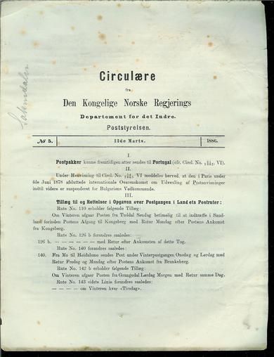 1886,nr 005, Circulære fra Den Kongelige Norske Regjerings Departement for det Indre. Poststyrelsen.