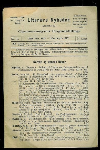 1877, Literære Nyheder ankomne til Cammermeyers Bogudstilling. 20de Febr. 1877- 20de Marts 1877.