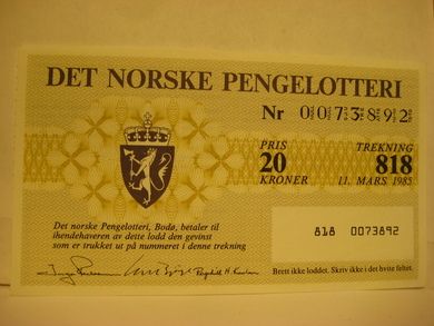 1985, trekning 818,                  DET NORSKE PENGELOTTERI.            Nr. 0073892.