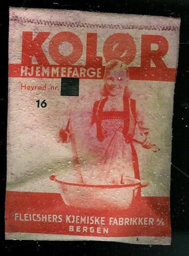 Uåpna pakke KOLØR HJEMMEFARGE, fra FLEICSHER'S KJEMISKE FABRIKKER, BERGEN.