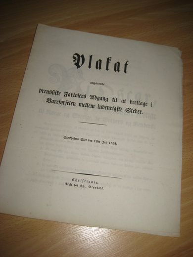 Placat angaaende preusiske Fartøyers Adagng til at deltage i førsel mellem indenrigske Steder. 1858.