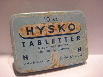 Eske med noe innhold, HYSKO TABLETTER, samt brosjyre, fra Pharmasia, Stockholm, 50 tallet.