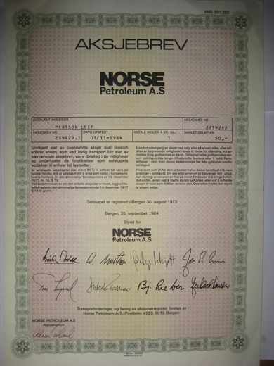 NORSE PETROLIUM,  1 stk. aksjer, 1984. Aksjebrev nr 259429.3