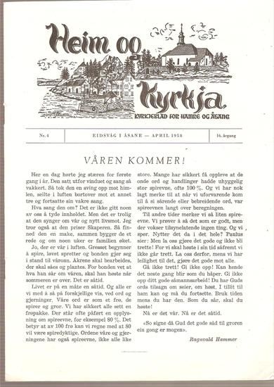 1958,nr 004, Heim og Kyrkja. Kyrkjeblad for Hamre og Åsane.