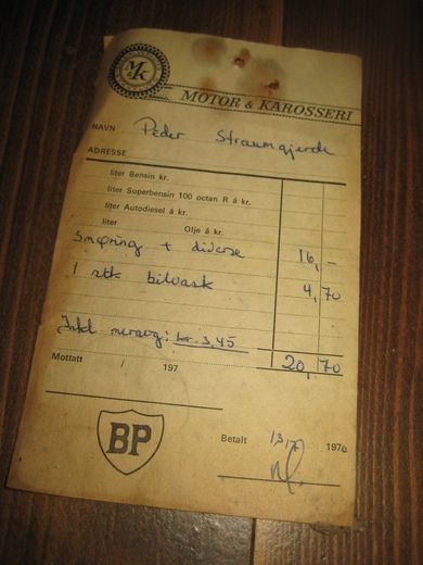 Kvitering med BP reklame, fra MOTOR & KAROSSERI, SYKKYLVEN. 13.7.70.