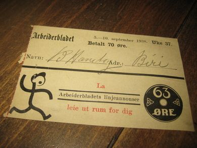 Kvitering fra Arbeiderbladet for betalt abbonement for uke 37, 1938.