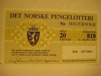 1985, trekning 818,                  DET NORSKE PENGELOTTERI.            Nr. 0073884.