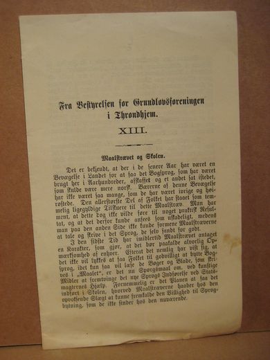 Fra Berettelsen for Grundlovsforeningen i Throndhjem. Maalstrævet og Skolen. 1800 tallet.