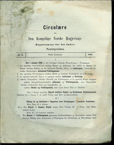 1886,nr 002, Circulære fra Den Kongelige Norske Regjerings Departement for det Indre. Poststyrelsen.