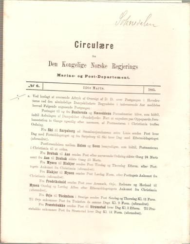 1885,nr 006, Cirkulære fra Den Kongelige Norske Regjerings Marine- og Post- Departement.