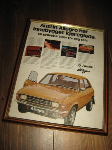 Reklame i glass og ramme,  AUSTIN ALLEGRO, ca  26*32 cm stort.