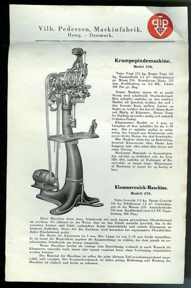 Presentasjonssak fra Vilh. Pedersen, Høng, Danmark, 1938, for Krampepindemaskine Model 376.