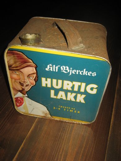 Kanne uten innhold, Alf Bjeckes HURTIG LAKK, 5 liter, 50 tallet.