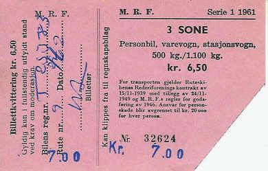 32624, Billett fra Møre og Romsdal Fylkesbåter i 1961.