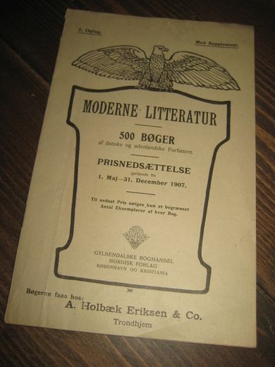 Katalog over MODERNE LITTERATUR fra A. Holbæk Eriksen & Co, Trondhjem. 1907.