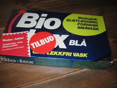 Uåpna eske med innhold, Bio tex BLÅ.  Fra TOMTEN FABRIKKER.