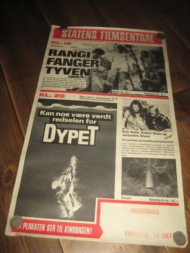 Pen filmplakat fra STATENS FILMSENTRAL,  RANGI FANGER TYVEN, Kan noe vere verdt redselen for DYPET. 