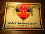 Etikett,  ANNANASEKSTRAKT, fra Stranda Saftpresseri, 60-70 tallet. Lag din egen saft, og bruk en dekorati etikett. 