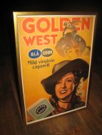 Repro av gammel reklame i glass og ramme, ca 22*31 cm stor. GOLDEN WEST VIRGINIA CIGARETTER. 