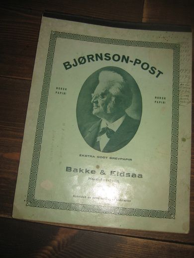 Omslaget på blokk skrivepapir fra 30-40 tallet, BJØRNSON POST, fra Bakke & Eidsaa, Hundeidvik.