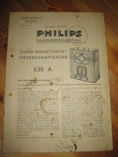 Phillips sercice dokumentasjon for SUPER INDUCTANCE 638A. 1934.