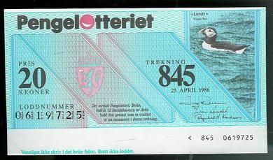 1986, trekning nr. 845, Pengelotteriet.