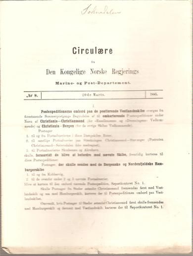 1885,nr 008, Cirkulære fra Den Kongelige Norske Regjerings Marine- og Post- Departement.